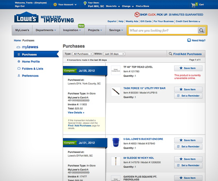 Lowes - Purchase History